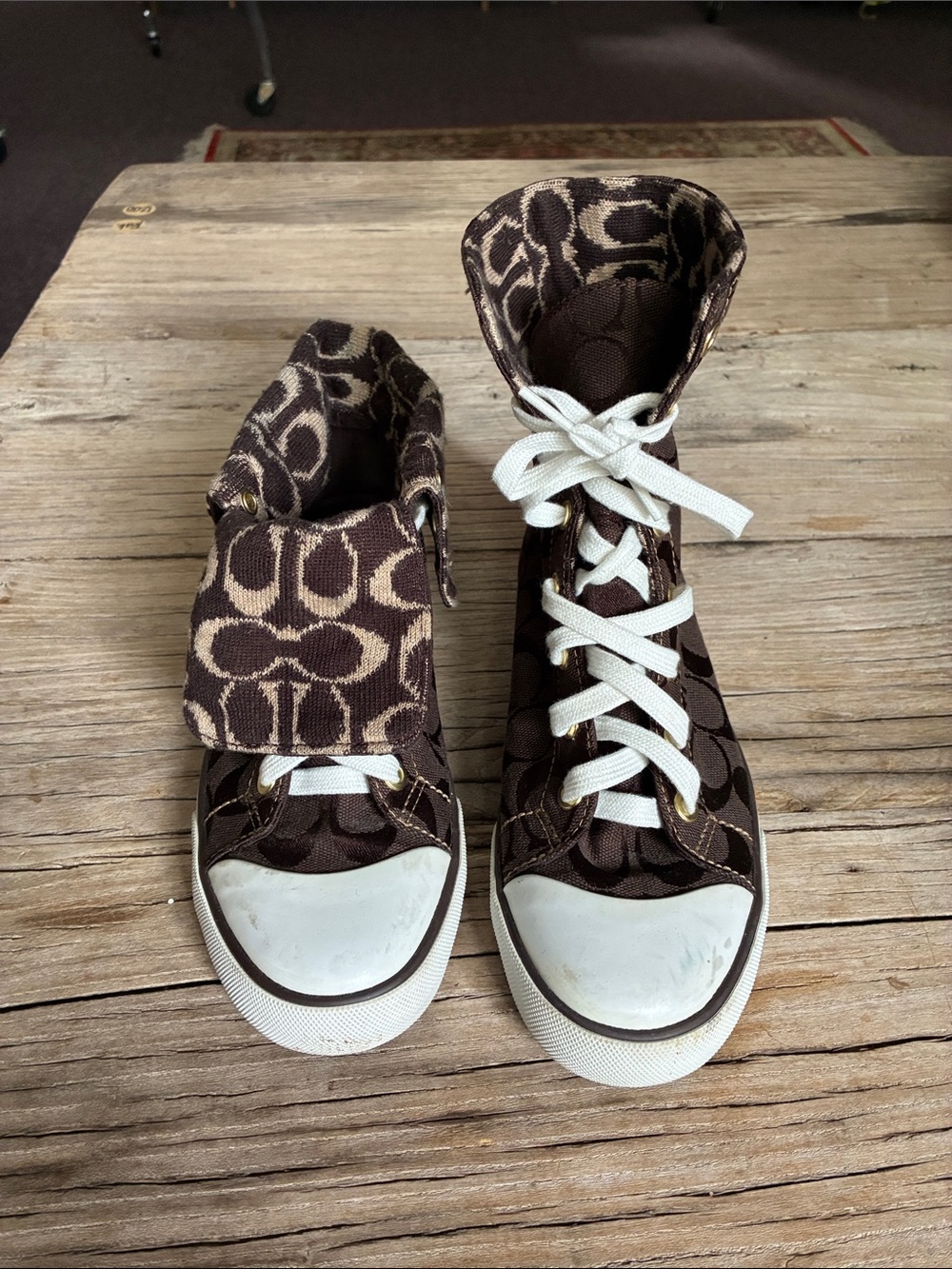 Coach Bonney Brown Signature High-Top Sneakers White Laces Size 6